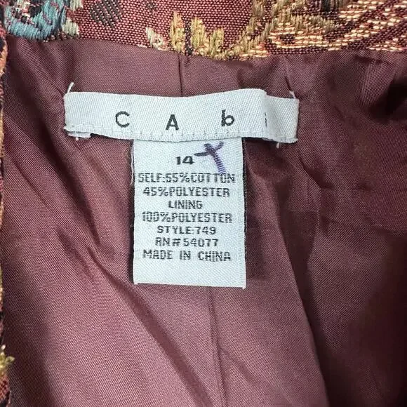 CAbi burgundy Jacobean burgundy floral jacquard tapestry long jacket Size 14